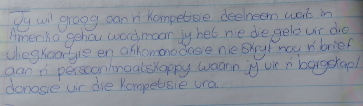 Jy will groog oon n Kompetisle deelneem wal in 
Americo gehou word, moar ig hel nie die geld uir die 
Uiegkaartie en akkommodasie nie sxpyf nou bbrief 
gann persoonlmoatskappy waann jy uir n borgekap! 
donasie uir die hompetisie ura