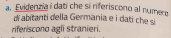 Evidenzia i dati che si riferiscono al numero 
di abitanti della Germania e i dati che si 
riferiscono agli stranieri.