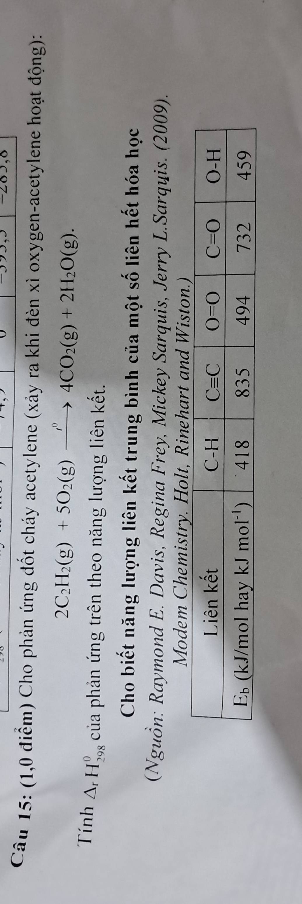 283,8
Câu 15: (1,0 điểm) Cho phản ứng đốt cháy acetylene (xảy ra khi đèn xì oxygen-acetylene hoạt động):
2C_2H_2(g)+5O_2(g)xrightarrow rho 4CO_2(g)+2H_2O(g).
Tính △ _rH_(298)^0 của phản ứng trên theo năng lượng liên kết.
Cho biết năng lượng liên kết trung bình của một số liên hết hóa học
(Nguồn: Raymond E. Davis, Regina Frey, Mickey Sarquis, Jerry L.Sarquis. (2009).
Modem Chemistry. Holt, Rinehart and Wiston.)