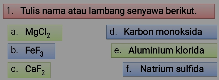 Tulis nama atau lambang senyawa berikut. 
a. MgCl_2 d. Karbon monoksida 
b. FeF_3 e. Aluminium klorida 
C. CaF_2 f. Natrium sulfida