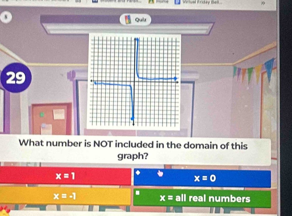 Home Virtual Eriday Beil ”
s
Quiz
29
What number is NOT included in the domain of this
graph?
x=1
x=0.
x=-1 all real numbers
x=