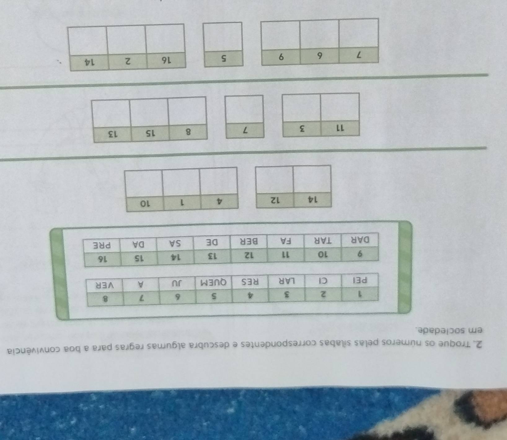 Troque os números pelas sílabas correspondentes e descubra algumas regras para a boa convivência 
em sociedade.
11 3 7 8 15 13
5 16 2 14