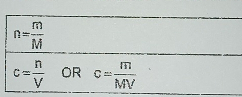 n= m/M 
c= n/V  OR c= m/MV 