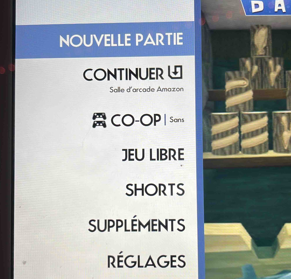 NOUVELLE PARTIE 
CONTINUER 
Salle d'arcade Amazon 
CO-OP | Sans 
JEU LIBRE 
SHORTS 
suppléments 
réglages