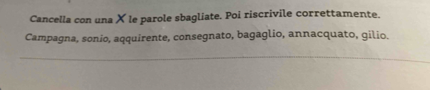 Cancella con una × le parole sbagliate. Poi riscrivile correttamente. 
Campagna, sonio, aqquirente, consegnato, bagaglio, annacquato, gilio.