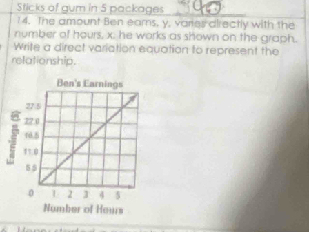 Sticks of gum in 5 packages 
14. The amount Ben earns, y, vares directly with the 
number of hours, x. he works as shown on the graph. 
Write a direct variation equation to represent the 
relationship.