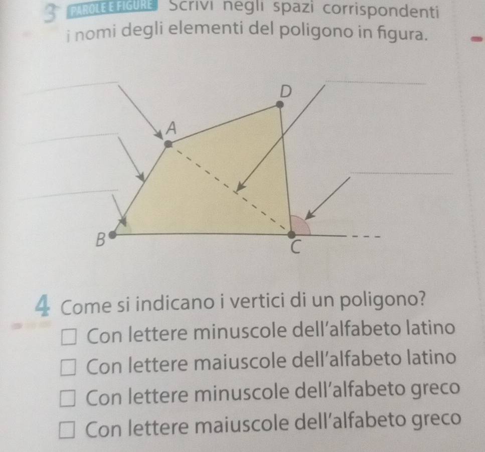 PAROLE EFGE Scrivi negli spazi corrispondenti
i nomi degli elementi del poligono in figura.
4 Come si indicano i vertici di un poligono?
Con lettere minuscole dell’alfabeto latino
Con lettere maiuscole dell’alfabeto latino
Con lettere minuscole dell’alfabeto greco
Con lettere maiuscole dell’alfabeto greco