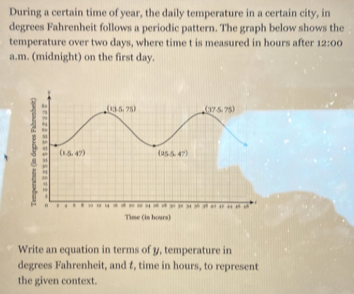 During a certain time of year, the daily temperature in a certain city, in
degrees Fahrenheit follows a periodic pattern. The graph below shows the
temperature over two days, where time t is measured in hours after 12:00
a.m. (midnight) on the first day.
Write an equation in terms of y, temperature in
degrees Fahrenheit, and t, time in hours, to represent
the given context.