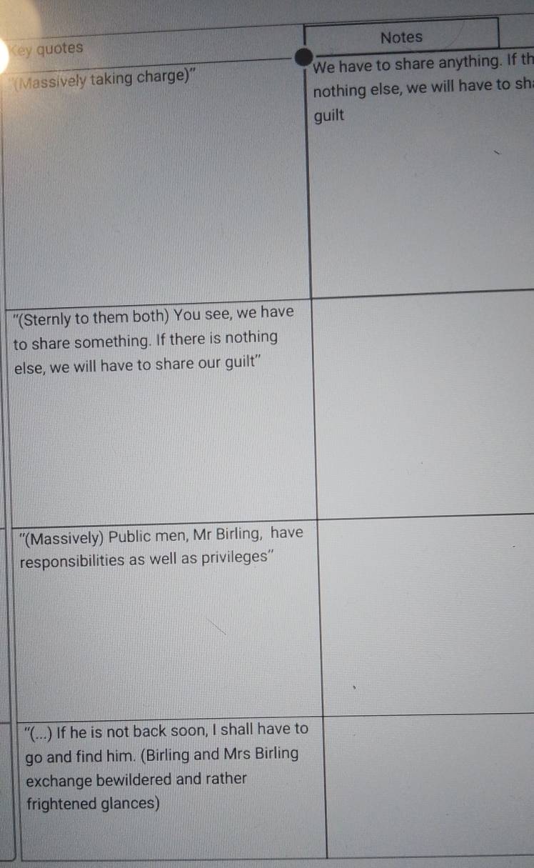 Notes 
Cey quotes 
''(Massively taking charge)'' We have to share anything. If th 
nothing else, we will have to sh 
guilt 
"(Sternly to them both) You see, we have 
to share something. If there is nothing 
else, we will have to share our guilt” 
“(Massively) Public men, Mr Birling, have 
responsibilities as well as privileges'' 
"(...) If he is not back soon, I shall have to 
go and find him. (Birling and Mrs Birling 
exchange bewildered and rather 
frightened glances)