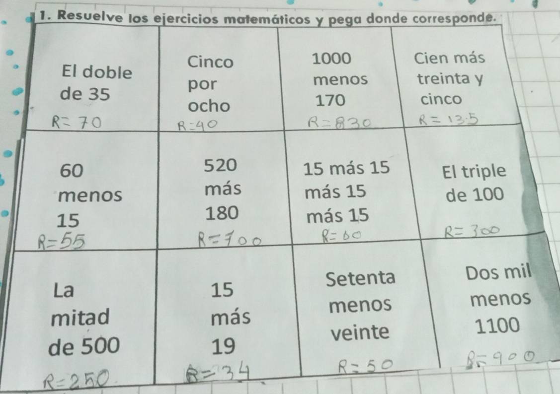 Resuelve los ejercicios matemáticos y pega donde corresponde.