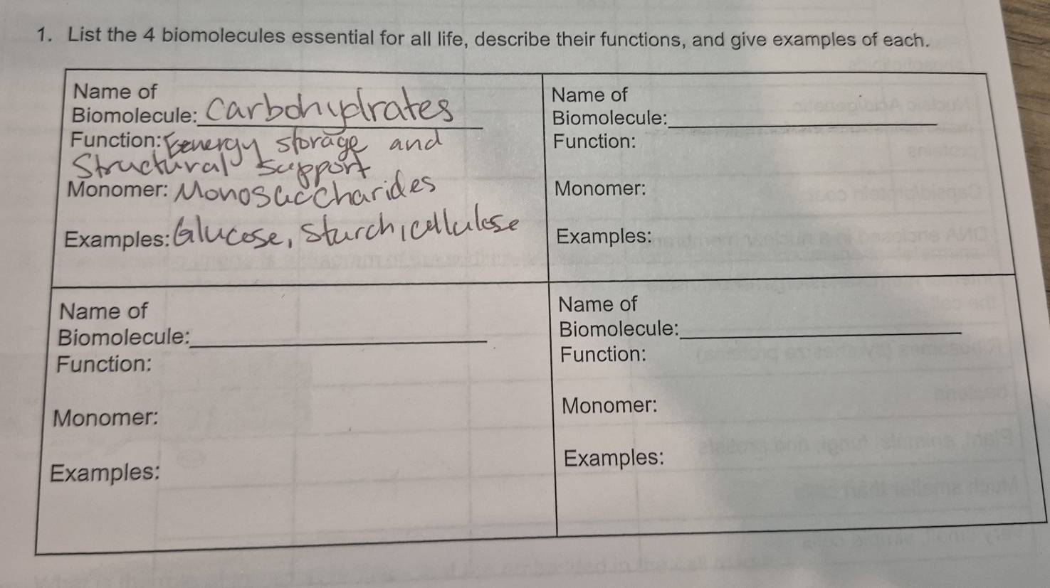 List the 4 biomolecules essential for all life, describe their functions, and give examples of each.