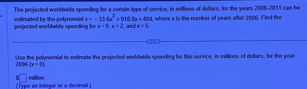 The projected worldwide spending for a certain type of service, in millions of dollars, for the years 2006-2011 can be 
estimated by the polynomial s=-33.6x^2+918.8x+404 , where x is the number of years after 2006. Find the 
projected worldwide spending for x=0, x=2 , and x=5. 
Use the polynomial to estimate the projected worldwide spending for this service, in millions of dollars, for the year
2006(x=0).
$□ million 
(Type an integer or a decimal.)