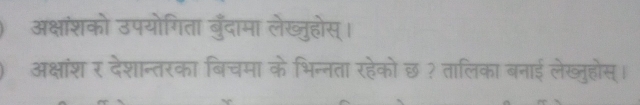 अक्षांशको उपयोगिता बुँदामा लेख्ुहोस्। 
अक्षांश र देशान्तरका बिचमा के भिन्नता रहेको छ ? तालिका बनाई लेख्तुहोस्।