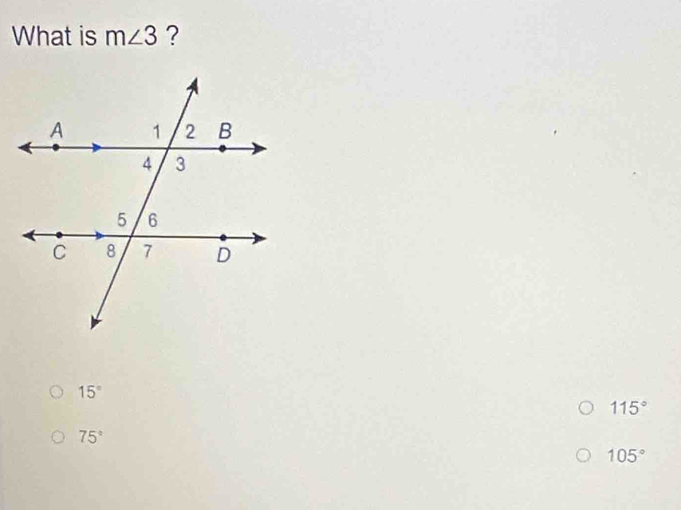 What is m∠ 3 ?
15°
115°
75°
105°