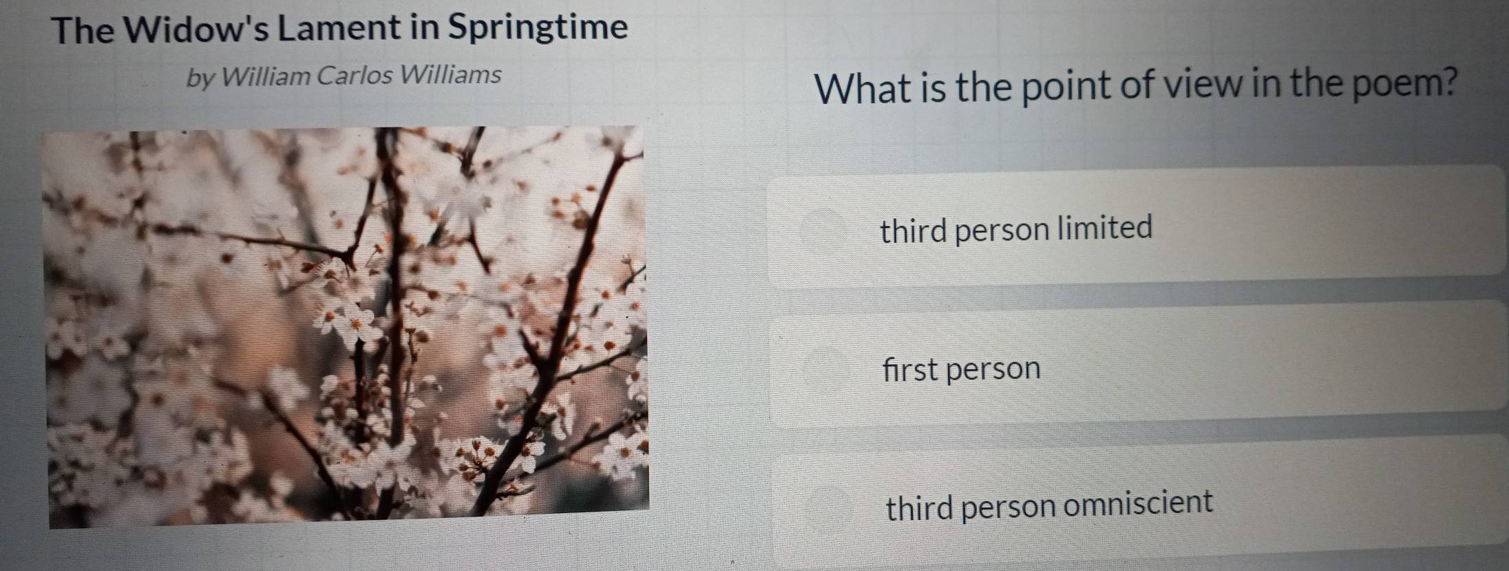 The Widow's Lament in Springtime
by William Carlos Williams
What is the point of view in the poem?
third person limited
first person
third person omniscient