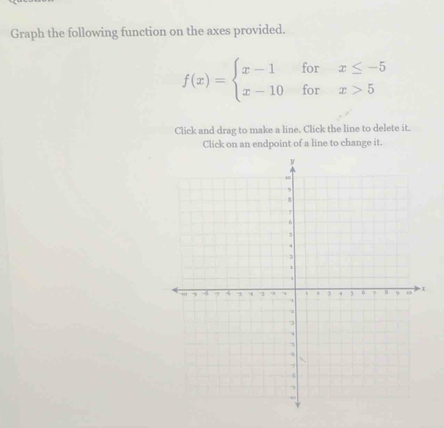 Graph the following function on the axes provided.
f(x)=beginarrayl x-1forx≤ -5 x-10forx>5endarray.
Click and drag to make a line. Click the line to delete it. 
Click on an endpoint of a line to change it.