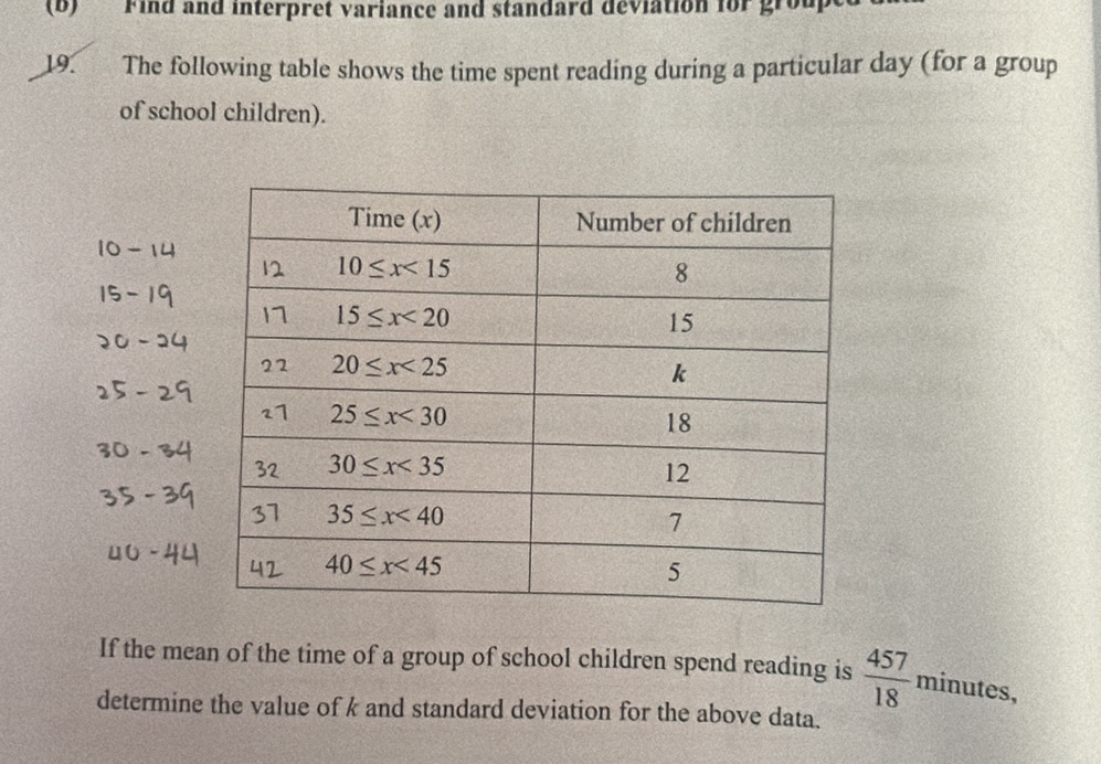 Find and interpret variance and standard deviation for group
19. The following table shows the time spent reading during a particular day (for a group
of school children).
If the mean of the time of a group of school children spend reading is  457/18  minutes,
determine the value of k and standard deviation for the above data.