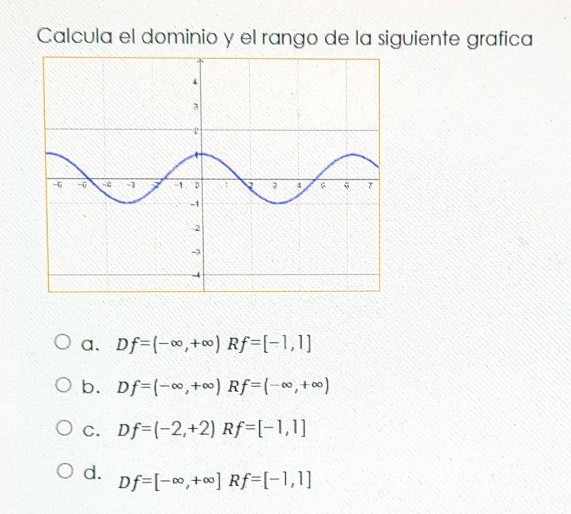 Calcula el dominio y el rango de la siguiente grafica
a. Df=(-∈fty ,+∈fty ) ? f=[-1,1]
b. Df=(-∈fty ,+∈fty ) R f=(-∈fty ,+∈fty )
C. Df=(-2,+2) R f=[-1,1]
d. Df=[-∈fty ,+∈fty ] R f=[-1,1]