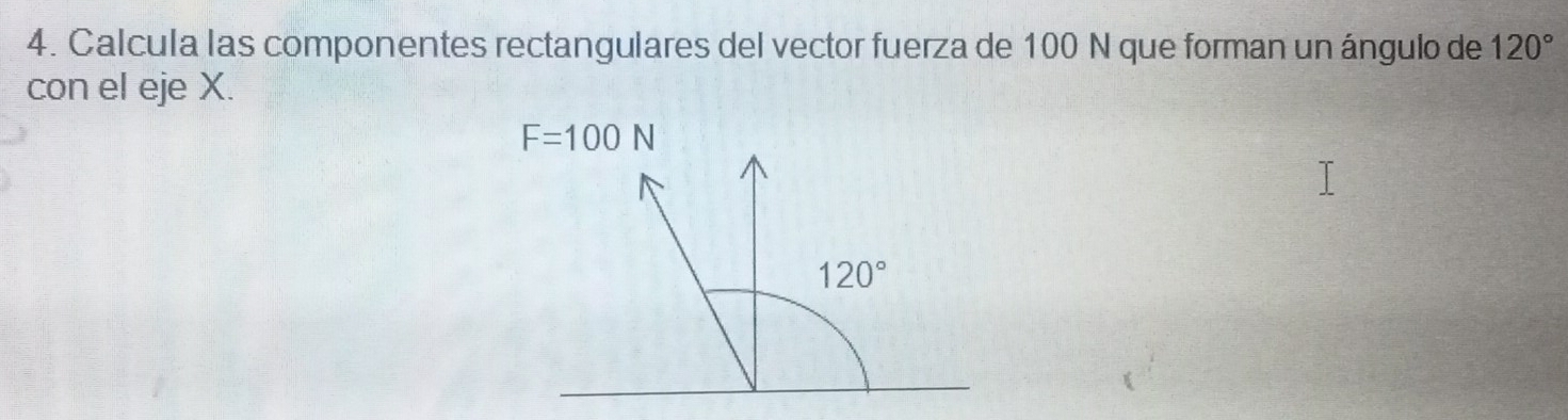 Solved: Calcula las componentes rectangulares del vector fuerza de 100 ...