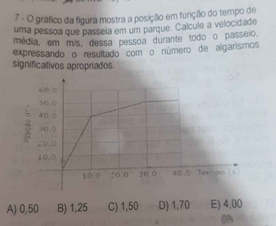 gráfico da figura mostra a posição em função do tempo de
uma pessoa que passeia em um parque. Calcule a velocidade
média, em m/s, dessa pessoa durante todo o passeio,
expressando o resultado com o número de algarismos
significativos apropriados.
A) 0,50 B) 1,25 C) 1,50 D) 1,70 E) 4,00