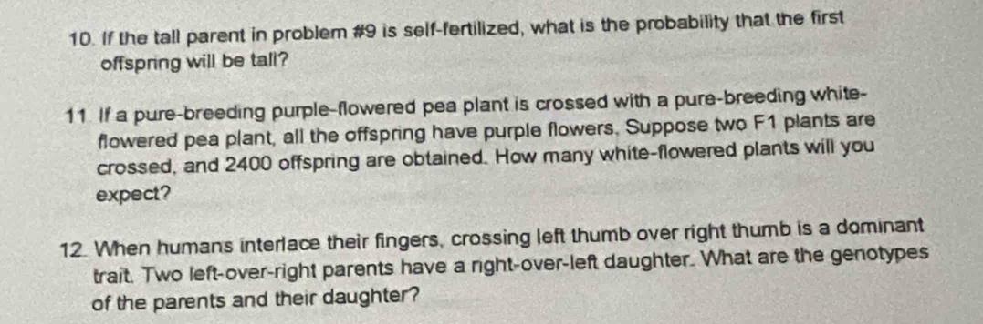 If the tall parent in problem #9 is self-fertilized, what is the probability that the first 
offspring will be tall? 
11. If a pure-breeding purple-flowered pea plant is crossed with a pure-breeding white- 
flowered pea plant, all the offspring have purple flowers. Suppose two F1 plants are 
crossed, and 2400 offspring are obtained. How many white-flowered plants will you 
expect? 
12. When humans interlace their fingers, crossing left thumb over right thumb is a dominant 
trait. Two left-over-right parents have a right-over-left daughter. What are the genotypes 
of the parents and their daughter?