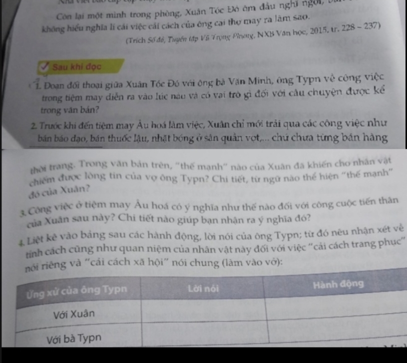 Côn lại một minh trong phòng, Xuân Tóc Đó ôm đầu nghĩ ngời, b 
không hiểu nghĩa lí cái việc cái cách của ông cai thợ may ra lãm sao. 
(Trích Số đồ, Tuyển tập Vũ Trọng Phụong, NXB Văn học, 2015, tr. 228 - 237) 
Sau khi đọc 
1. Đoạn đối thoại giữa Xuân Tóc Đó với ông bà Văn Minh, ông Typn về công việc 
trong tiệm may diễn ra vào lúc nào và có vai trò gì đối với câu chuyện được kể 
trong văn bán? 
2. Trước khi đến tiệm may Âu hoá làm việc, Xuân chỉ mới trải qua các công việc như 
bán báo đạo, bán thuốc lậu, nhặt bóng ở sân quân vợt,... chứ chưa từng bán hàng 
thời trang. Trong văn bản trên, “thế mạnh” nào của Xuân đã khiến cho nhân vật 
chiếm được lòng tin của vợ ông Typn? Chi tiết, từ ngữ nào thế hiện "thế mạnh" 
đó của Xuân? 
3. Công việc ở tiệm may Âu hoá có ý nghĩa như thế nào đối với công cuộc tiến thân 
của Xuân sau này? Chi tiết nào giúp bạn nhận ra ý nghĩa đó? 
4 Liệt kê vào bảng sau các hành động, lời nói của ông Typn; từ đó nêu nhận xét về 
tinh cách cũng như quan niệm của nhân vật này đối với việc 'cải cách trang phục”' 
g và “cải cách xã hội” nói chung (làm vào vớ):