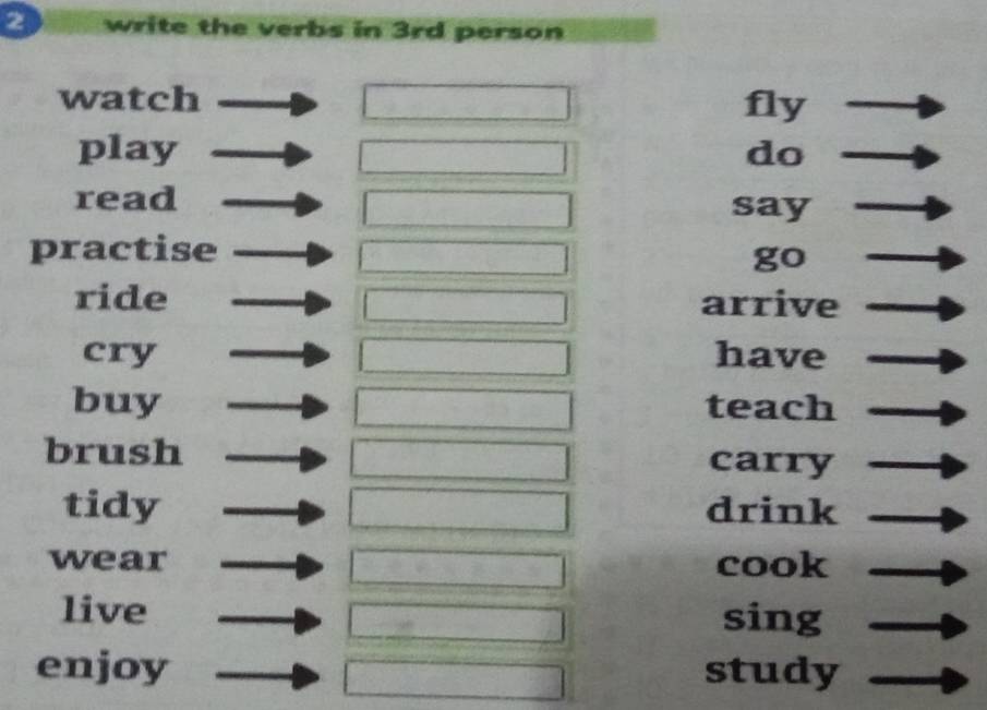 write the verbs in 3rd person 
watch fly 
play do 
read say 
practise 
go 
ride arrive 
cry have 
buy teach 
brush carry 
tidy drink 
wear cook 
live sing 
enjoy study