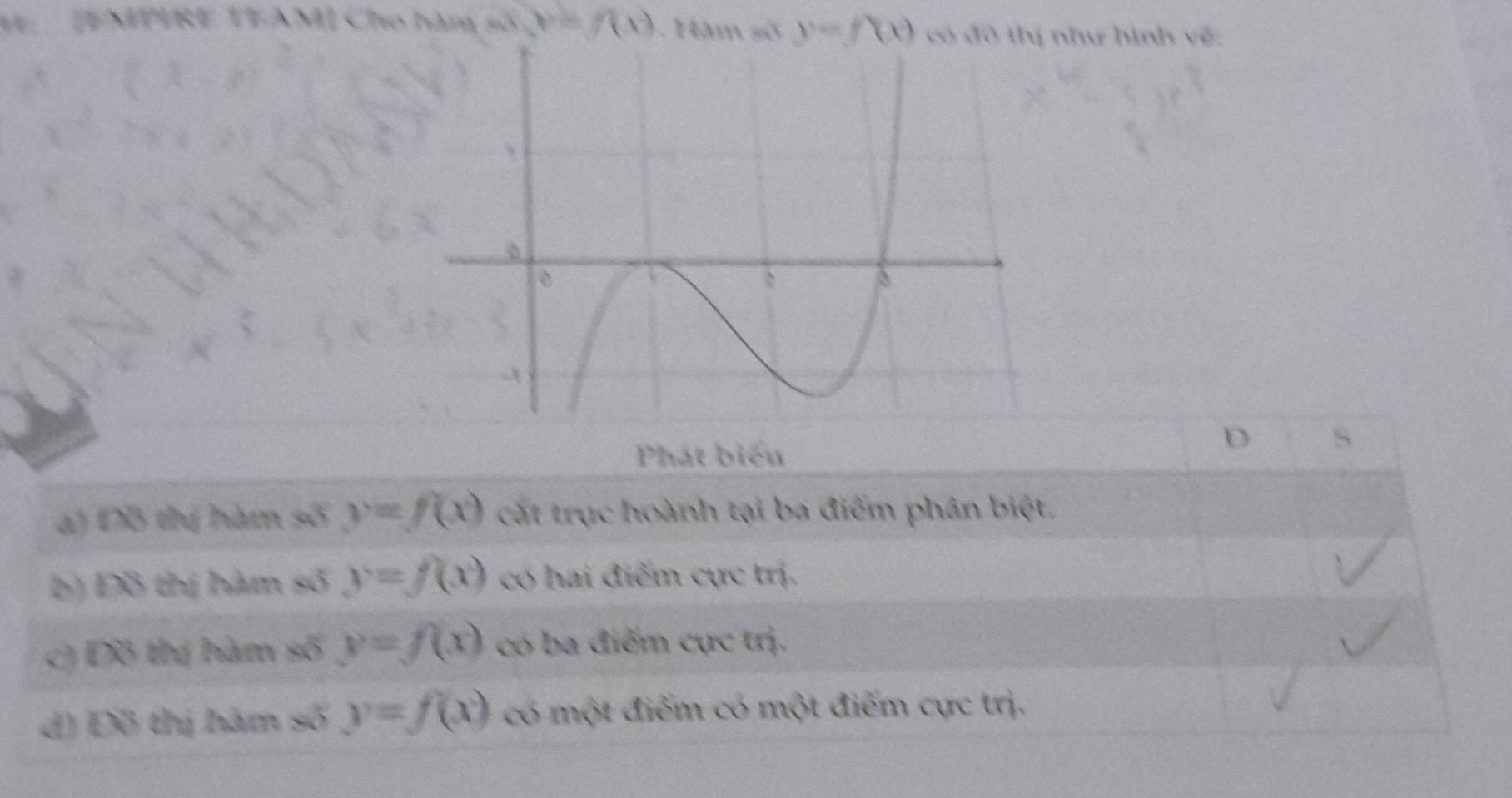 Cho hàm m(y)=f(x). Hàm số y=f'(x) có đô thị như hình về:
Phát biểu
D S
a) Đồ thị hàm số y=f(x) cắt trục hoành tại ba điểm phân biệt.
b) Đô thị hàm số y=f(x) có hai điễm cực trị.
c) Đồ thị hàm số y=f(x) có ba điểm cực trị.
d) Đô thị hàm số y=f(x) có một điểm có một điểm cực trị.