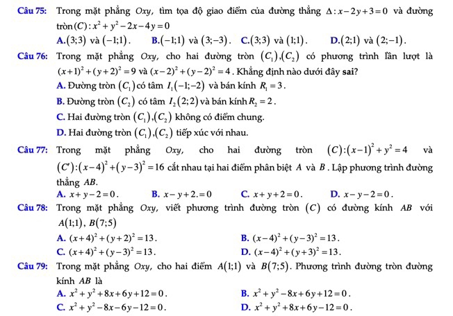 Trong mặt phẳng Oxy, tìm tọa độ giao điểm của đường thẳng △ :x-2y+3=0 và đường
tron(C):x^2+y^2-2x-4y=0
A. (3;3) và (-1;1). B. (-1;1) và (3;-3). C. (3;3) và (1;1). D. (2;1) và (2;-1).
Câu 76: Trong mặt phẳng Oxy, cho hai đường tròn (C_1),(C_2) có phương trình lần lượt là
(x+1)^2+(y+2)^2=9 và (x-2)^2+(y-2)^2=4. Khẳng định nào dưới đây sai?
A. Đường tròn (C_1) có tâm I_1(-1;-2) và bán kính R_1=3.
B. Đường tròn (C_2) có tâm I_2(2;2) và bán kính R_2=2.
C. Hai đường tròn (C_1),(C_2) không có điểm chung.
D. Hai đường tròn (C_1),(C_2) tiếp xúc với nhau.
Câu 77: Trong mặt phẳng Oxy, cho hai đường tròn (C): (x-1)^2+y^2=4 và
(C'):(x-4)^2+(y-3)^2=16 cất nhau tại hai điểm phân biệt A và B . Lập phương trình đường
thẳng AB.
A. x+y-2=0. B. x-y+2.=0 C. x+y+2=0. D. x-y-2=0.
Câu 78: Trong mặt phẳng Oxy, viết phương trình đường tròn (C) có đường kính AB với
A(1;1),B(7;5)
A. (x+4)^2+(y+2)^2=13. B. (x-4)^2+(y-3)^2=13.
C. (x+4)^2+(y-3)^2=13. D. (x-4)^2+(y+3)^2=13.
Câu 79: Trong mặt phẳng Oxy, cho hai điểm A(1;1) và B(7;5). Phương trình đường tròn đường
kính AB là
A. x^2+y^2+8x+6y+12=0. B. x^2+y^2-8x+6y+12=0.
C. x^2+y^2-8x-6y-12=0. D. x^2+y^2+8x+6y-12=0.