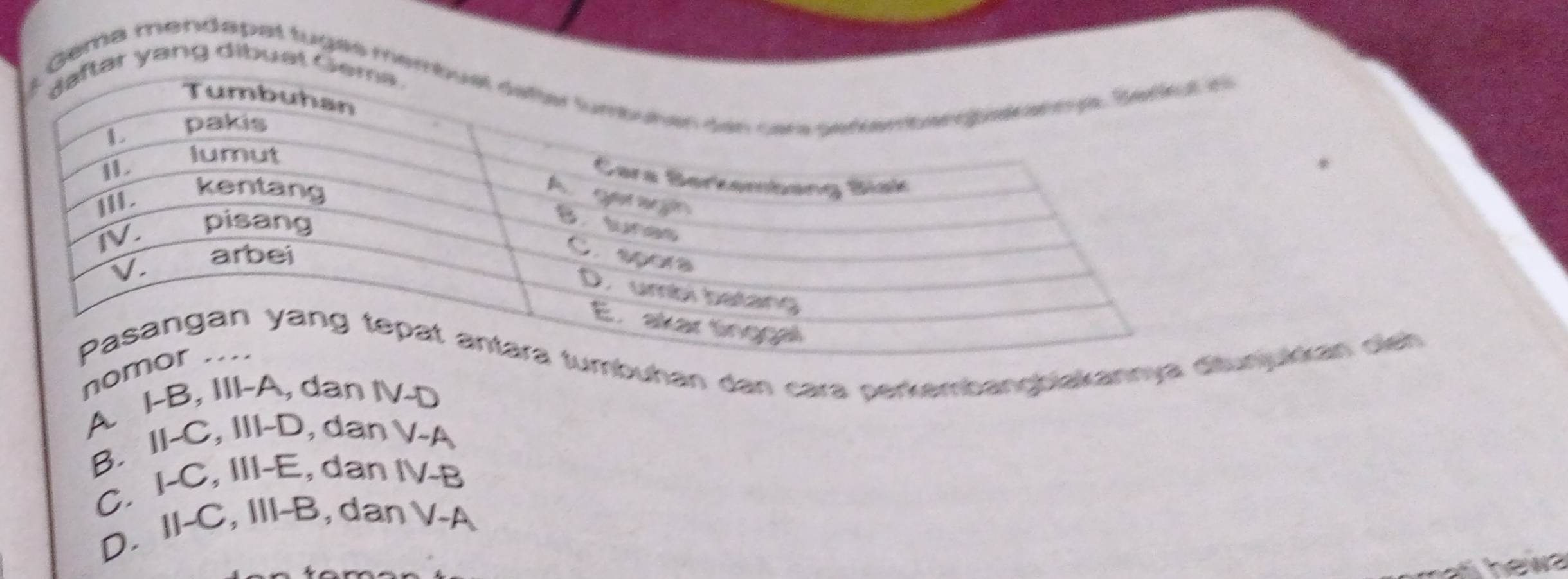 Gema mendapat tugas m
yang dibual
uhan dan cara perkembançbiakannyukkan oien
no
A. I-B, III-A, dan IV-D
B. II-C, III-D, dan V-A
C. I-C, III-E, dan IV-B
D. II-C, III-B, dan V-A
h a hew