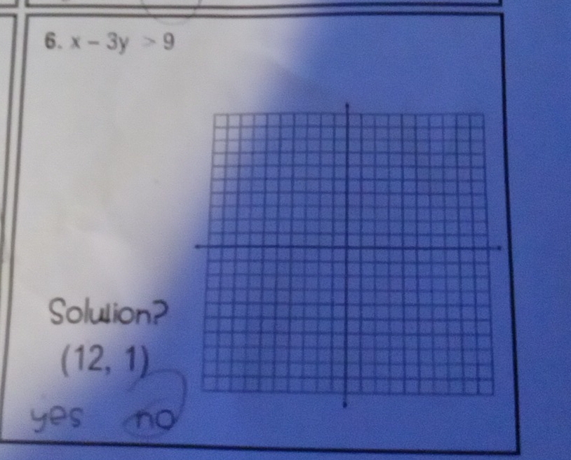 x-3y>9
Solution?
(12,1)
yes no