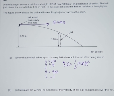 A tennis player serves a ball from a height of 2.51 m at 18.0ms^(-1) in a horizontal direction. The ball 
just clears the net which is 1.00 m high. In this question assume that air resistance is negligible. 
The figure below shows the ball and its resulting trajectory across the court. 
ball served 
horizontally frons here 
net
2.51 m
1.00m
not to scale 
(a) Show that the ball takes approximately 0.6 s to reach the net after being served. 
(b) (i) Calculate the vertical component of the velocity of the ball as it passes over the net