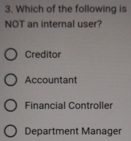 Which of the following is
NOT an internal user?
Creditor
Accountant
Financial Controller
Department Manager