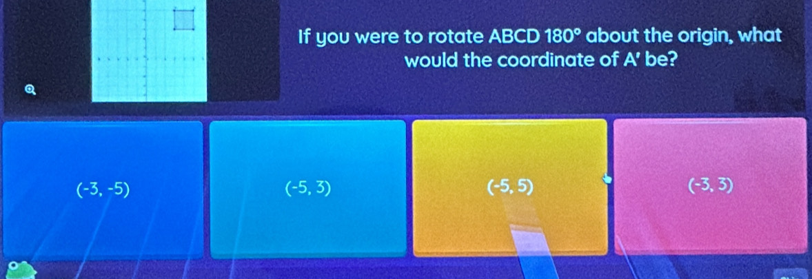 If you were to rotate ABCD 180° about the origin, what
would the coordinate of A' be?

(-3,-5)
(-5,3)
(-5,5)
(-3,3)