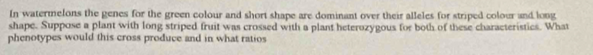 In watermelons the genes for the green colour and short shape are dominant over their alleles for striped colour and long 
shape. Suppose a plant with long striped fruit was crossed with a plant heterozygous for both of these characteristics. What 
phenotypes would this cross produce and in what ratios