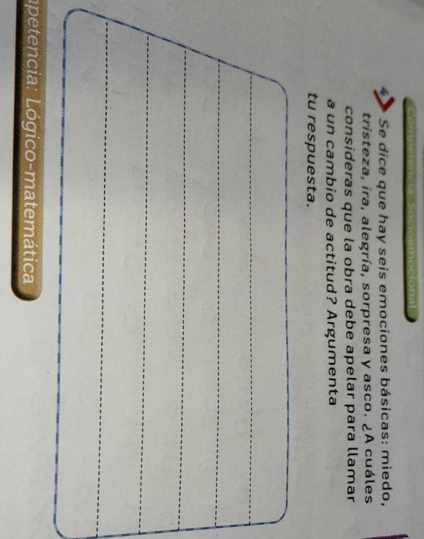 Se dice que hay seis emociones básicas: miedo, 
tristeza, ira, alegría, sorpresa y asco. ¿A cuáles 
consideras que la obra debe apelar para llamar 
a un cambio de actitud? Argumenta 
tu respuesta. 
apetencia: Lógico-matemática