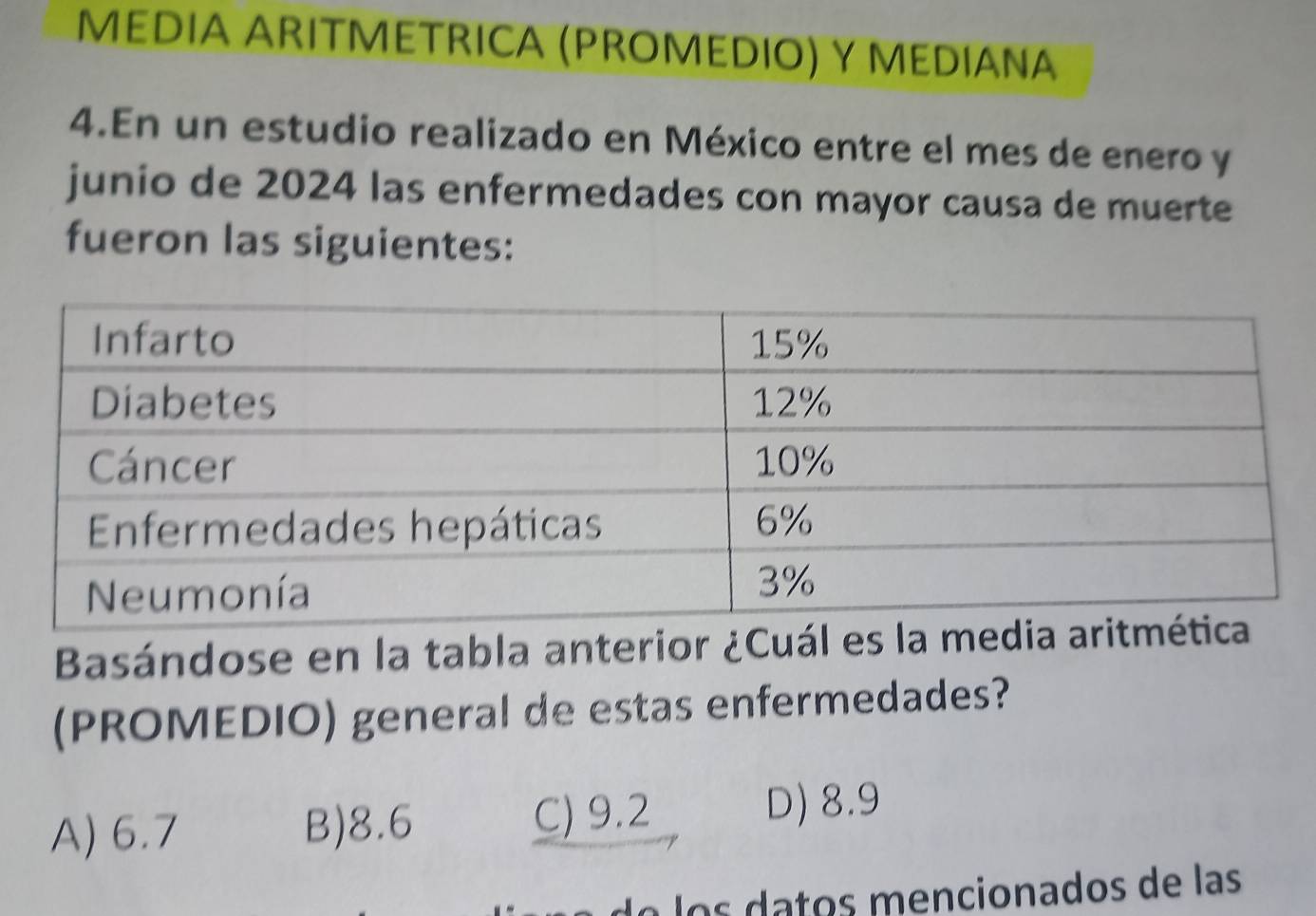 MEDIA ARITMETRICA (PROMEDIO) Y MEDIANA
4.En un estudio realizado en México entre el mes de enero y
junio de 2024 las enfermedades con mayor causa de muerte
fueron las siguientes:
Basándose en la tabla anterior ¿Cuál es
(PROMEDIO) general de estas enfermedades?
A) 6.7 B) 8.6 C) 9.2 D) 8.9
o los datos mencionados de las