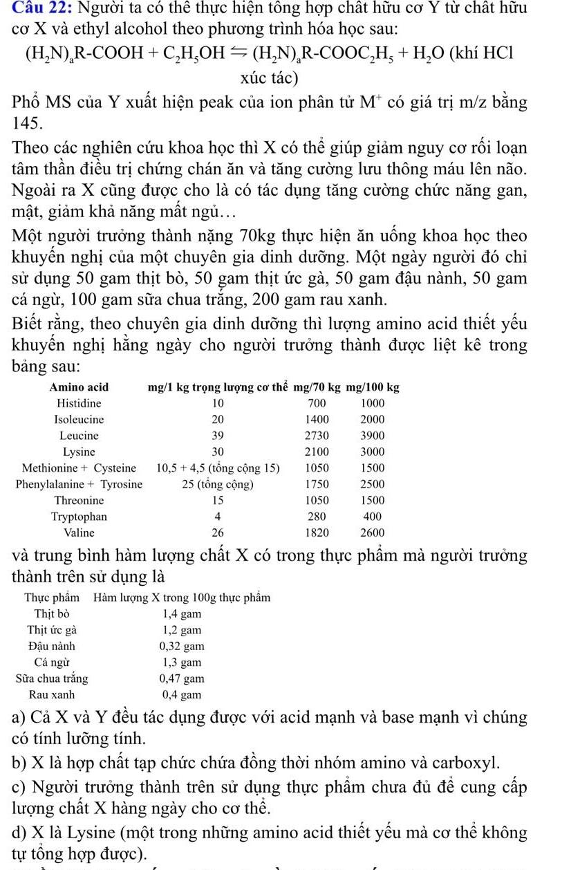 Người ta có thể thực hiện tông hợp chất hữu cơ Y từ chất hữu
cơ X và ethyl alcohol theo phương trình hóa học sau:
(H_2N)_aR-COOH+C_2H_5OH=(H_2N)_aR-COOC_2H_5+H_2O (khí HCl
xúc tác)
Phốổ MS của Y xuất hiện peak của ion phân tử M* có giá trị m/z bằng
145.
Theo các nghiên cứu khoa học thì X có thể giúp giảm nguy cơ rối loạn
tâm thần điều trị chứng chán ăn và tăng cường lưu thông máu lên não.
Ngoài ra X cũng được cho là có tác dụng tăng cường chức năng gan,
mật, giảm khả năng mất ngủ..
Một người trưởng thành nặng 70kg thực hiện ăn uống khoa học theo
khuyến nghị của một chuyên gia dinh dưỡng. Một ngày người đó chỉ
sử dụng 50 gam thịt bò, 50 gam thịt ức gà, 50 gam đậu nành, 50 gam
cá ngừ, 100 gam sữa chua trắng, 200 gam rau xanh.
Biết rằng, theo chuyên gia dinh dưỡng thì lượng amino acid thiết yếu
khuyến nghị hằng ngày cho người trưởng thành được liệt kê trong
bảng sau:
Amino acid mg/1 kg trọng lượng cơ thể mg/70 kg mg/100 kg
Histidine 10 700 1000
Isoleucine 20 1400 2000
Leucine 39 2730 3900
Lysine 30 2100 3000
Methionine + Cysteine 10,5+4,5 (tổng cộng 15) 1050 1500
Phenylalanine + Tyrosine 25 (tổng cộng) 1750 2500
Threonine 15 1050 1500
Tryptophan 4 280 400
Valine 26 1820 2600
và trung bình hàm lượng chất X có trong thực phầm mà người trưởng
thành trên sử dụng là
Thực phẩm Hàm lượng X trong 100g thực phẩm
Thịt bò 1,4 gam
Thịt ức gà 1,2 gam
Đậu nành 0,32 gam
Cá ngừ 1,3 gam
Sữa chua trắng 0,47 gam
Rau xanh 0,4 gam
a) Cả X và Y đều tác dụng được với acid mạnh và base mạnh vì chúng
có tính lưỡng tính.
b) X là hợp chất tạp chức chứa đồng thời nhóm amino và carboxyl.
c) Người trưởng thành trên sử dụng thực phẩm chưa đủ để cung cấp
lượng chất X hàng ngày cho cơ thể.
d) X là Lysine (một trong những amino acid thiết yếu mà cơ thể không
tự tổng hợp được).