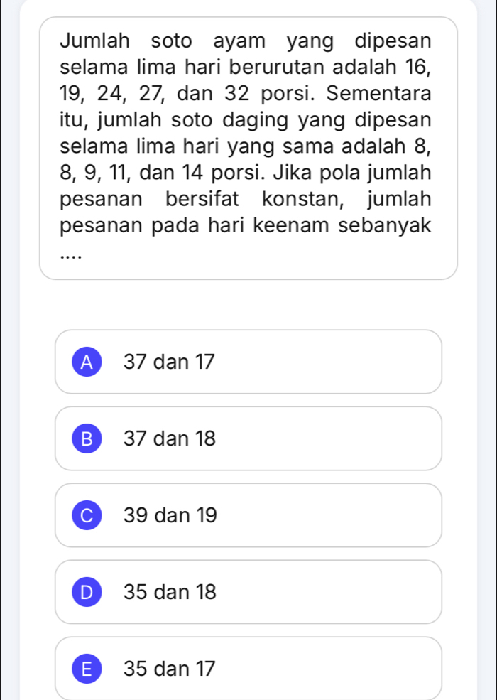 Jumlah soto ayam yang dipesan
selama lima hari berurutan adalah 16,
19, 24, 27, dan 32 porsi. Sementara
itu, jumlah soto daging yang dipesan
selama lima hari yang sama adalah 8,
8, 9, 11, dan 14 porsi. Jika pola jumlah
pesanan bersifat konstan, jumlah
pesanan pada hari keenam sebanyak
…
A 37 dan 17
B 37 dan 18
C) 39 dan 19
D 35 dan 18
E 35 dan 17