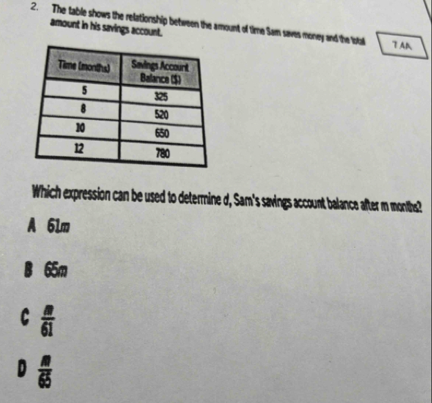 The table shows the relationship between the amount of time Sam saves money and the total AB
amount in his savings account.
Which expression can be used to determine d, Sam's savings account balance after m months?
A 61m
B 65m
C  n/61 
D  m/65 