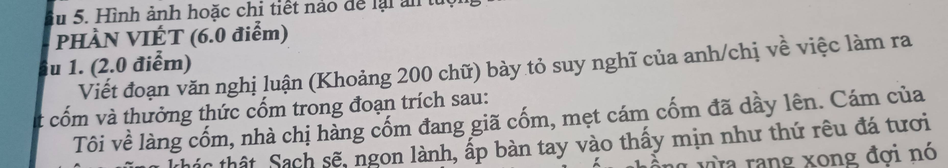 ầu 5. Hình ảnh hoặc chi tiết nảo để lại ản túộ 
PHÀN VIÉT (6.0 điểm) 
âu 1. (2.0 điểm) 
Viết đoạn văn nghị luận (Khoảng 200 chữ) bày tỏ suy nghĩ của anh/chị về việc làm ra 
t cốm và thưởng thức cốm trong đoạn trích sau: 
Tôi về làng cốm, nhà chị hàng cốm đang giã cốm, mẹt cám cốm đã dầy lên. Cám của 
thá hế ach sẽ. ngon lành, ấp bàn tay vào thấy mịn như thứ rêu đá tươi 
ng va rang xong đợi nó