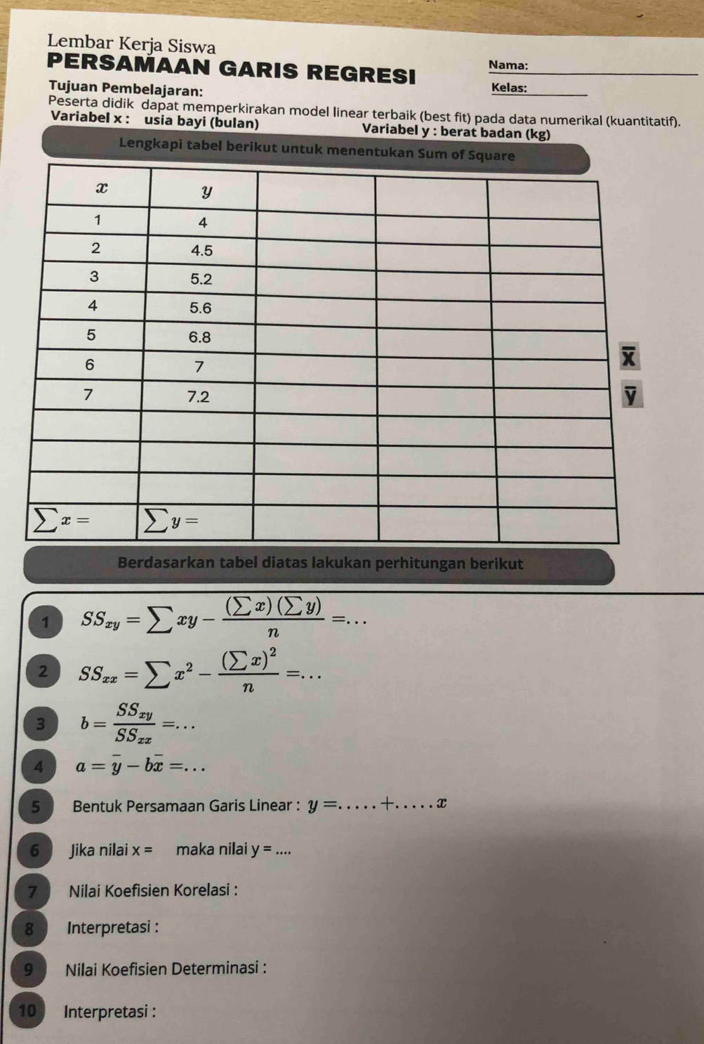 Lembar Kerja Siswa
Nama:
PERSAMAAN GARIS REGRESI
Tujuan Pembelajaran: Kelas:
Peserta didik dapat memperkirakan model linear terbaik (best fit) pada data numerikal (kuantitatif).
Variabel x : usia bayi (bulan) Variabel y : berat badan (kg)
Lengkapi tabel berikut untuk me
Berdasarkan tabel diatas lakukan perhitungan berikut
1 SS_xy=sumlimits xy- (sumlimits x)(sumlimits y)/n =...
2 SS_xx=sumlimits x^2-frac (sumlimits x)^2n=...
3 b=frac SS_xySS_xx=...
4 a=overline y-boverline x=...
5  Bentuk Persamaan Garis Linear : y=.....+....x
6  Jika nilai x= maka nilai y=... _
7 Nilai Koefisien Korelasi :
8  Interpretasi :
9  Nilai Koefisien Determinasi :
10  Interpretasi :