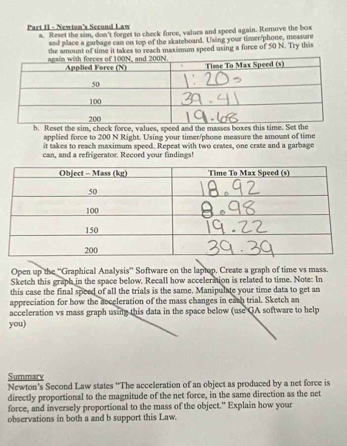 Part II - Newton’s Second Law 
a. Reset the sim, don't forget to check force, values and speed again. Remove the box 
and place a garbage can on top of the skateboard. Using your timer/phone, measure 
the amount of time it takes to reach maximum speed using a force of 50 N. Try this 
e, values, speed and the mass 
applied force to 200 N Right. Using your timer/phone measure the amount of time 
it takes to reach maximum speed. Repeat with two crates, one crate and a garbage 
can, and a refrigerator. Record your findings! 
Open up the “Graphical Analysis” Software on the laptop. Create a graph of time vs mass. 
Sketch this graph in the space below. Recall how acceleration is related to time. Note: In 
this case the final speed of all the trials is the same. Manipulate your time data to get an 
appreciation for how the acceleration of the mass changes in each trial. Sketch an 
acceleration vs mass graph using this data in the space below (use GA software to help 
you) 
Summary 
Newton’s Second Law states “The acceleration of an object as produced by a net force is 
directly proportional to the magnitude of the net force, in the same direction as the net 
force, and inversely proportional to the mass of the object.” Explain how your 
observations in both a and b support this Law.