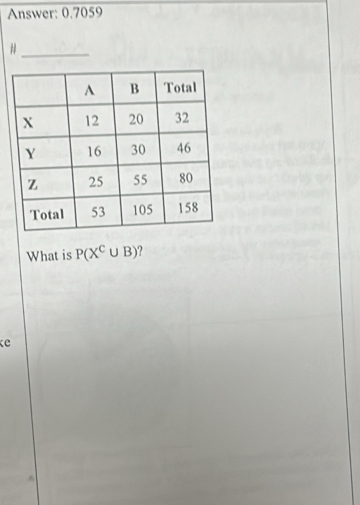 Answer: 0.7059 
_# 
What is P(X^C∪ B) ? 
ke