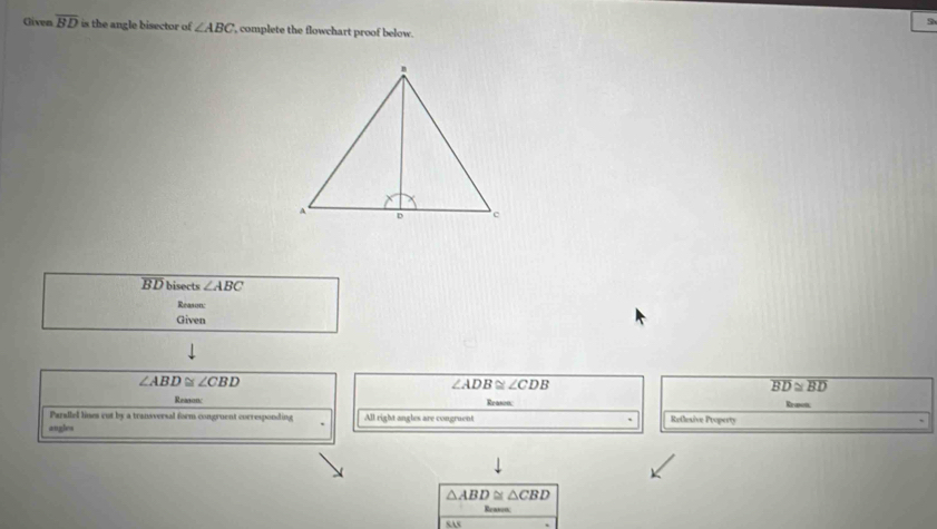 Given overline BD is the angle bisector of ∠ ABC complete the flowchart proof below.
BD bisects ∠ ABC
Reason: 
Given
∠ ADB≌ ∠ CDB
overline BD≌ overline BD
∠ ABD≌ ∠ CBD Reanco 
Reason: 
Parallel lines cut by a transversal form congruent corresponding All right angles are congruent Reflesive Proporty 
angles
△ ABD≌ △ CBD
Reas