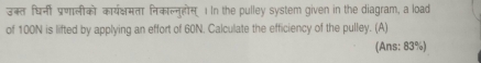 उक्त घिनी प्रणालीको कार्यक्षमता निकाल्नहोस् 1 In the pulley system given in the diagram, a load 
of 100N is lifted by applying an effort of 60N. Calculate the efficiency of the pulley. (A) 
(Ans: 83%)