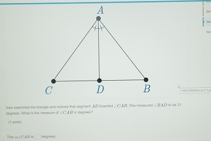 her 
Her 
Her 
MGEOM0006_N_F11p 
Ines examined the triangle and noticed that seoment A D bisected ∠ CAB. She measured ∠ BAD to be 21
degrees. What is the measure of ∠ CAB in degrees ? 
(1 paint) 
The m∠ CAB 5 □ degrees.