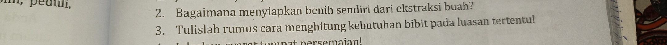 1, péaul, 
2. Bagaimana menyiapkan benih sendiri dari ekstraksi buah? 
3. Tulislah rumus cara menghitung kebutuhan bibit pada luasan tertentu! 
om p at persemaian!