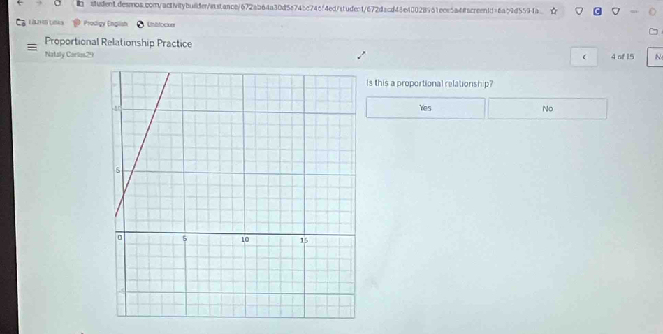 LBJHS Lilks Prodigy English * Untitocker
Proportional Relationship Practice
Nataly Carius29 < 4 of 15
Is this a proportional relationship?
Yes No