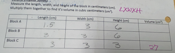 Measure the length, width, and height of the block in centimeters (cm).
Multiply them together to find it’s volume in cubic centimeters (cm^3).